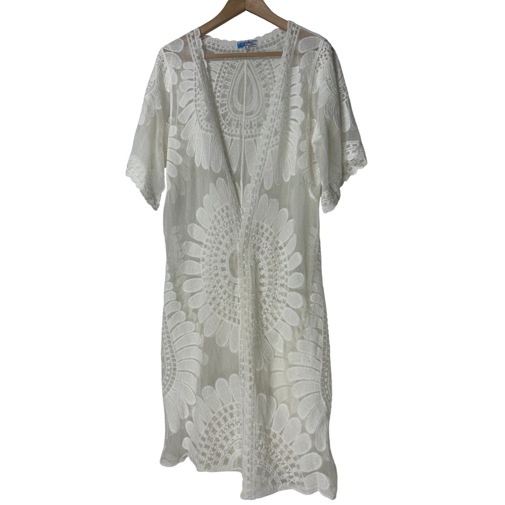Rebellion Again Sheer Lace Floral Kimono Duster Cover Up Ivory Size‎ Medium EUC